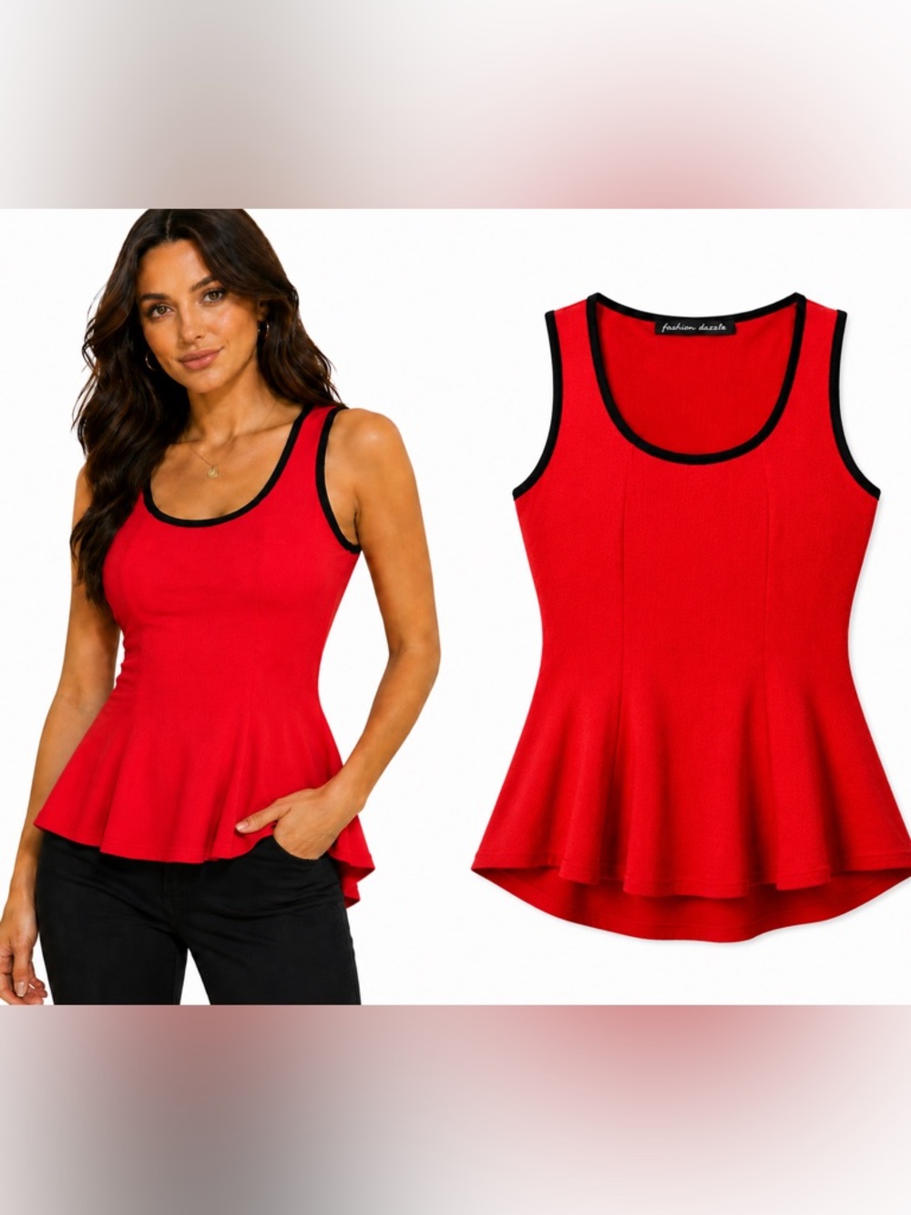 Fashion Dazzle Red High Low Peplum Tank Top Black Trim Sleeveless Size M